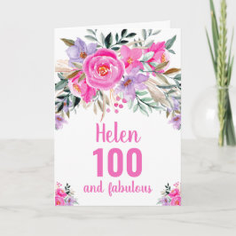 Tarjeta cumpleaños número 100 rosado acuarela floral