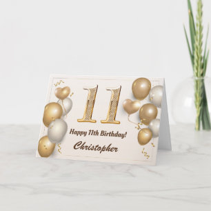 Tarjeta Cumpleaños número 11 globos dorados y confeti de c