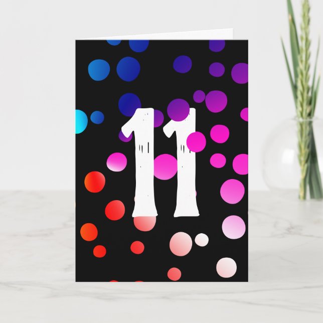 Tarjeta Cumpleaños número 11 puntos de arcoíris en negro (Anverso)