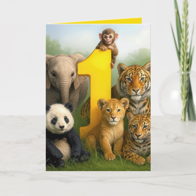 Tarjeta Cumpleaños número 1 Crías de animales de vida salv (Anverso)