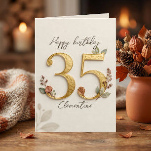Tarjeta Cumpleaños número 35 Elegante Rosado Botánico Dora