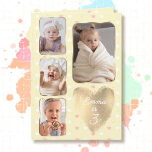 Tarjeta Cumpleaños número 3 4 Fotos Corazones Amarillo Oro
