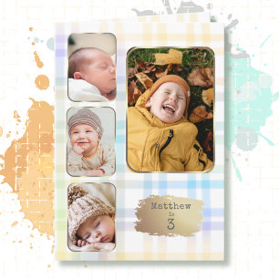 Tarjeta Cumpleaños número 3 Collage de 4 fotos Plaid Acuar