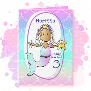 Tarjeta Cumpleaños número 3 Sirena étnica de dibujos anima