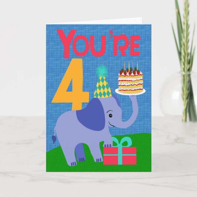 Tarjeta Cumpleaños número 4 con elefante y pastel (Anverso)