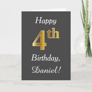 Tarjeta Cumpleaños número 4 Gris, Dorado Falso + Nombre Pe