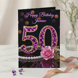 Tarjeta Cumpleaños número 50 elegante púrpura amatista oro
