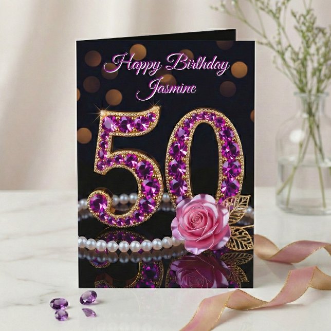 Tarjeta Cumpleaños número 50 elegante púrpura amatista oro (Subido por el creador)