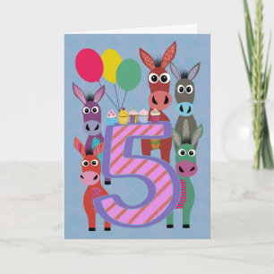Tarjeta Cumpleaños número 5 con cinco burros y magdalenas
