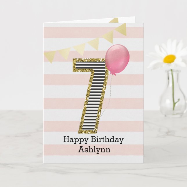 Tarjeta Cumpleaños número 7 con brillo dorado y rosa (Planta pequeña)