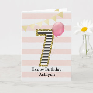 Tarjeta Cumpleaños número 7 con brillo dorado y rosa