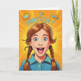 Tarjeta Cumpleaños número 7 de estilo Pop Art para una niñ