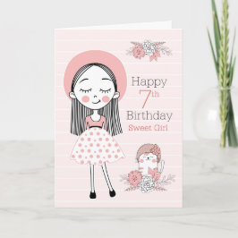 Tarjeta Cumpleaños número 7 niña y gato en rosa y blanco