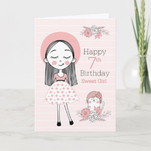 Tarjeta Cumpleaños número 7 niña y gato en rosa y blanco