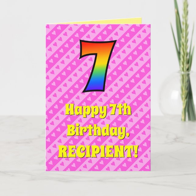 Tarjeta Cumpleaños número 7: Rayas rosadas y corazones, Ar (Anverso)