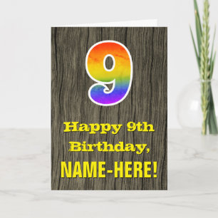 Tarjeta Cumpleaños número 9: Aspecto rústico de madera fal