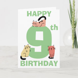 Tarjeta Cumpleaños número nueve (9) Doodle Cats Mensaje Pe