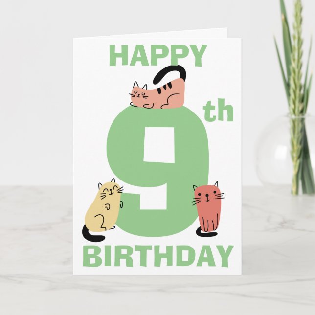 Tarjeta Cumpleaños número nueve (9) Doodle Cats Mensaje Pe (Anverso)