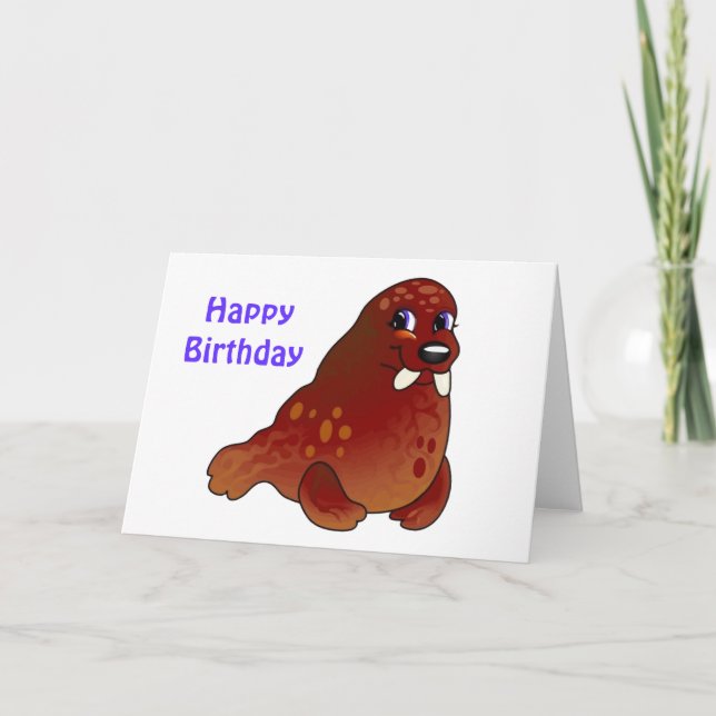 Tarjeta Cumpleaños observado azul de la morsa del bebé (Anverso)