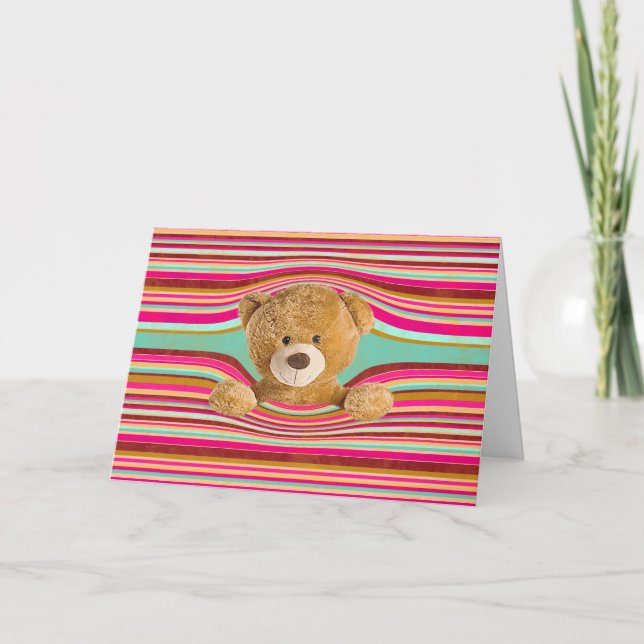Tarjeta Cumpleaños Oso de Teddy en franjas (Anverso)
