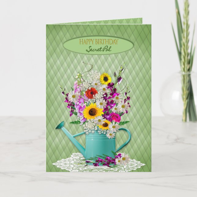 Tarjeta Cumpleaños, Pal secreta, lata de agua y flores (Anverso)