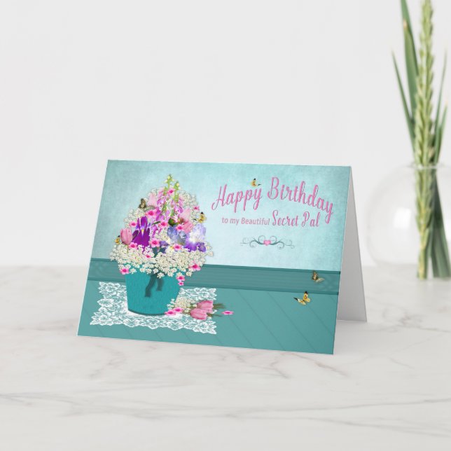 Tarjeta Cumpleaños - Pal secreto - cubo de flores (Anverso)