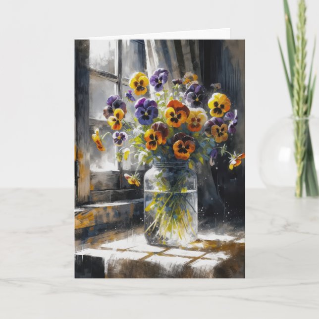 Tarjeta Cumpleaños Pansy Bouquet En Glass Jar (Anverso)