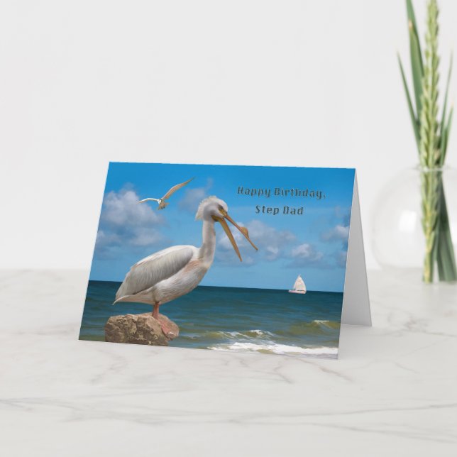Tarjeta Cumpleaños, papá paso, Pelícano blanco en una roca (Anverso)