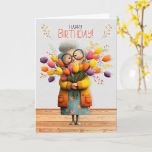Tarjeta Cumpleaños para ella mujer mayor linda con tulipan