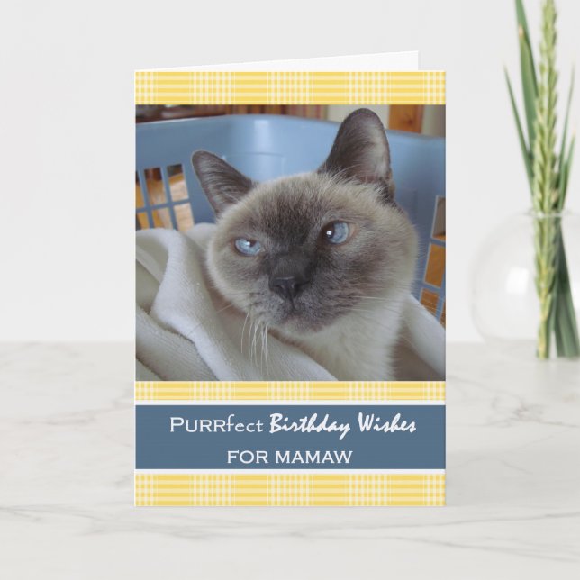 Tarjeta Cumpleaños para Mamaw, gato en cesta de lavadero (Anverso)