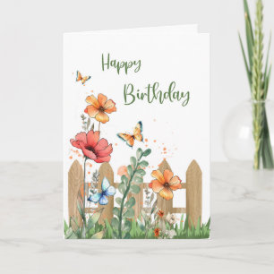 Tarjeta Cumpleaños para sus flores de primavera y mariposa