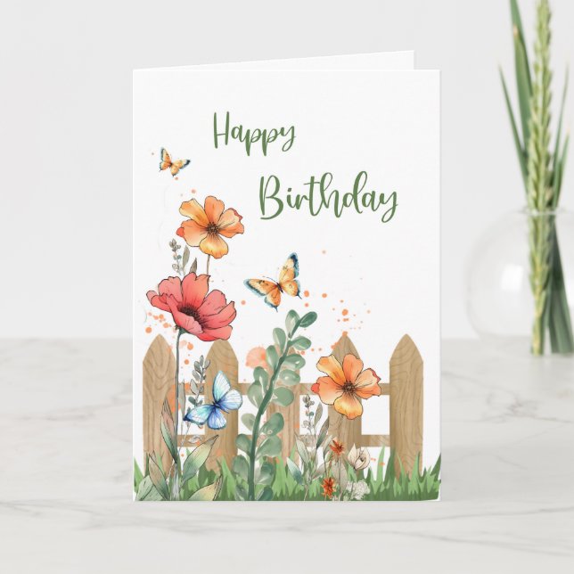 Tarjeta Cumpleaños para sus flores de primavera y mariposa (Anverso)