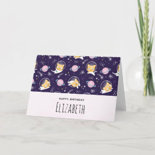 Tarjeta Cumpleaños Patrón Astronautas Gatito Lindo