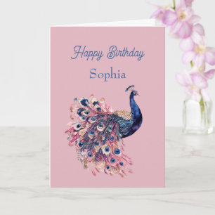 Tarjeta Cumpleaños Pavo Real Azul Rosa Azul Marino Precios