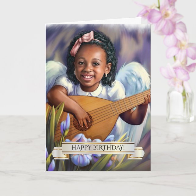 Tarjeta Cumpleaños. Pequeño ángel afroamericano (Orquídea)