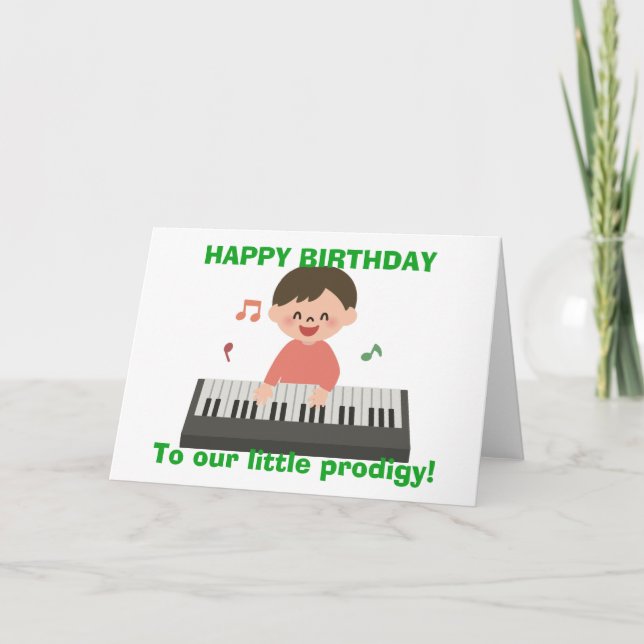 Tarjeta Cumpleaños Pequeño Prodigio Deseo Teclado Piano Ni (Anverso)