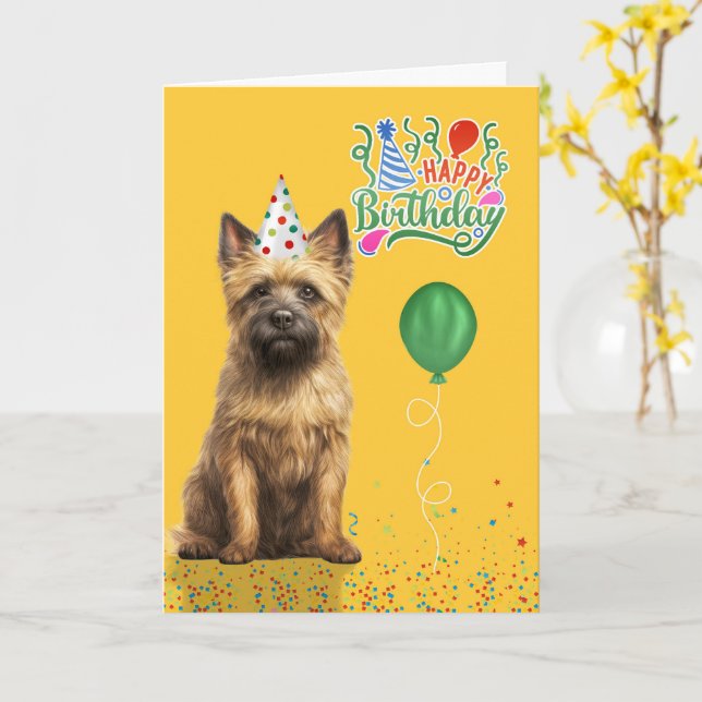 Tarjeta Cumpleaños perro Cairn Terrier sombrero de fiesta  (flor amarilla)