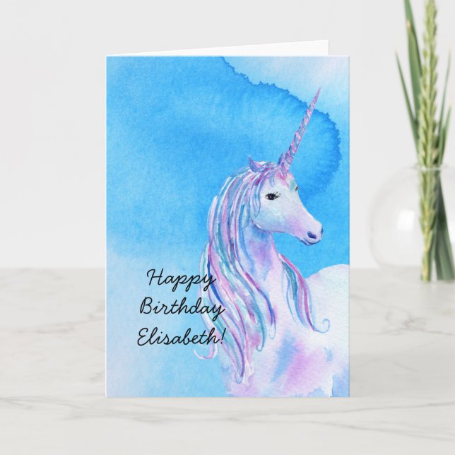 Tarjeta Cumpleaños personalizado azul del unicornio de la (Anverso)
