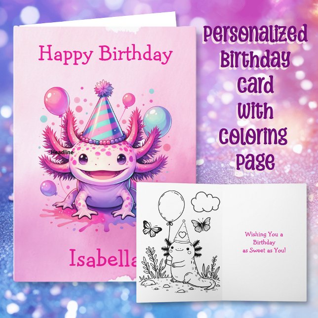 Tarjeta Cumpleaños personalizado de Axolotl rosa y púrpura (Subido por el creador)