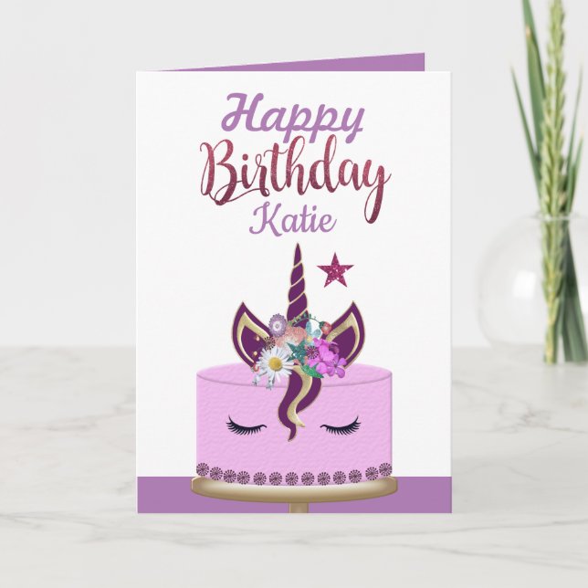 Tarjeta Cumpleaños personalizado de Cute Purple Unicorn (Anverso)