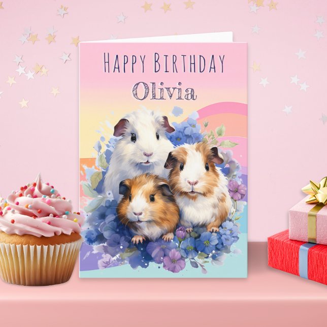 Tarjeta Cumpleaños Personalizado de Cuyes Lindos (A personalized birthday card with an illustration of three adorable guinea pigs)