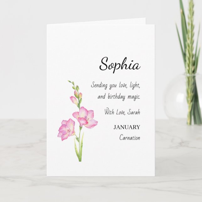 Tarjeta Cumpleaños Personalizado de Enero con Clavel (Anverso)