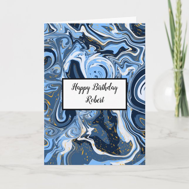 Tarjeta Cumpleaños personalizado de mármol azul y oro (Anverso)