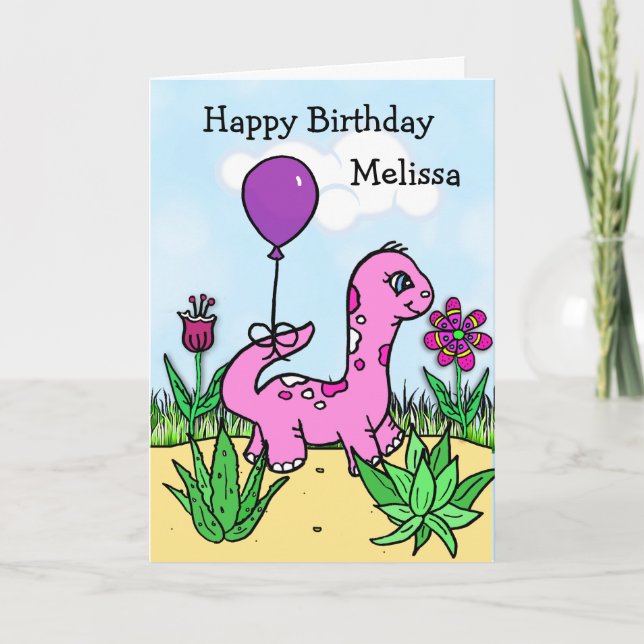 Tarjeta Cumpleaños personalizado de niña dinosaurio (Anverso)