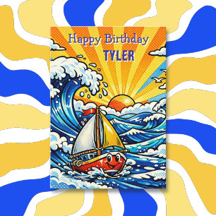Tarjeta Cumpleaños Personalizado de Niño   Velero y Tiburó