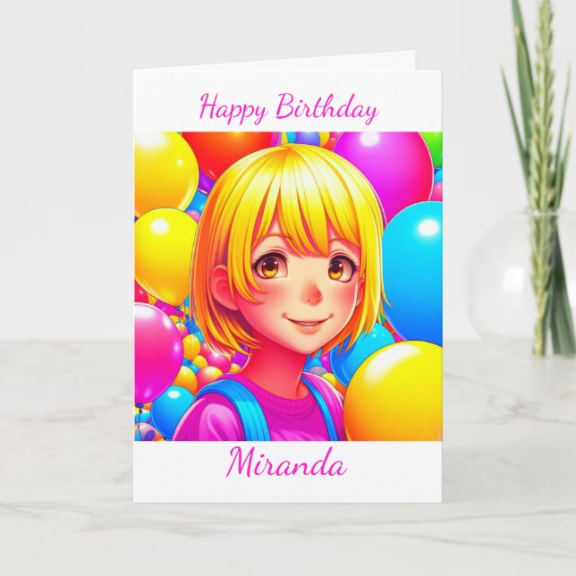 Tarjeta Cumpleaños personalizado de un Chica de anime (Anverso)