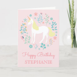 Tarjeta Cumpleaños personalizado de Unicorn Floral Rubor P