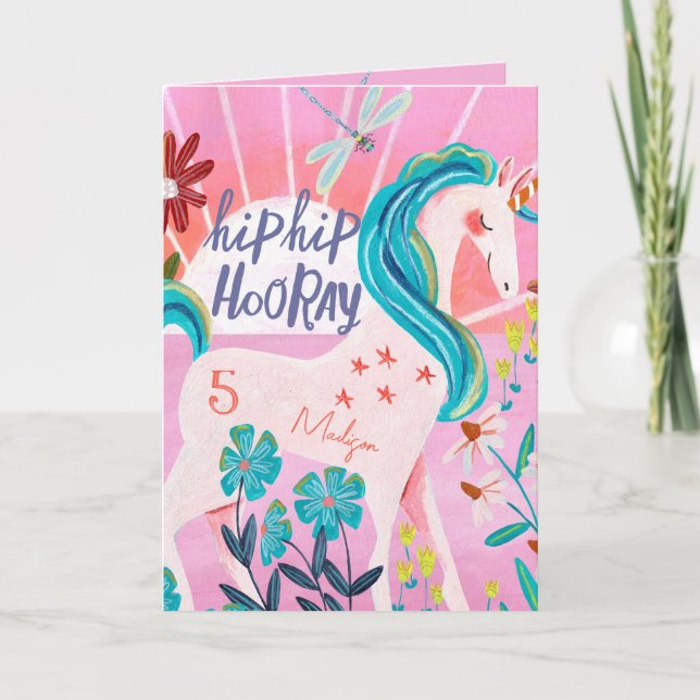 Tarjeta Cumpleaños Personalizado de Unicornio Arcoíris Ros (Anverso)