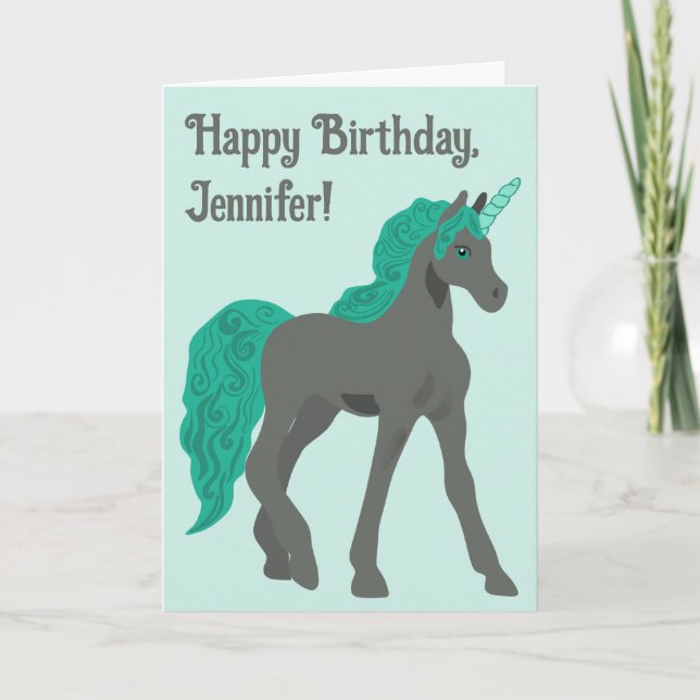 Tarjeta Cumpleaños personalizado de unicornio gris y Verde (Anverso)