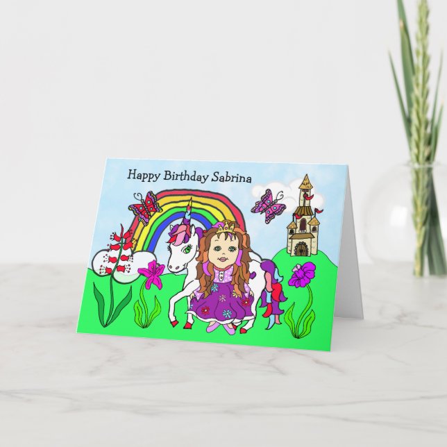 Tarjeta Cumpleaños personalizado de Unicornio y Princesa (Anverso)